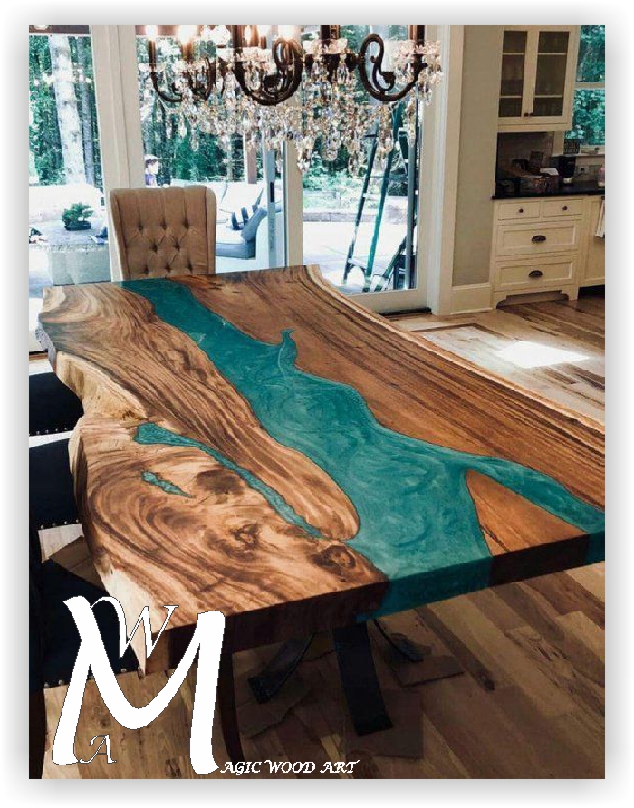 Mesa de madera y rexina epoxi turquesa